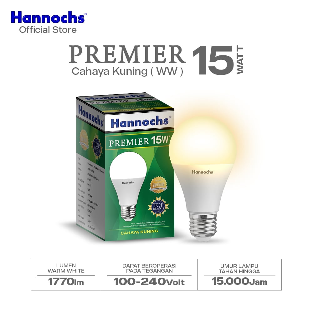 Hannochs Lampu Bohlam LED Premier 15W Cahaya Kuning