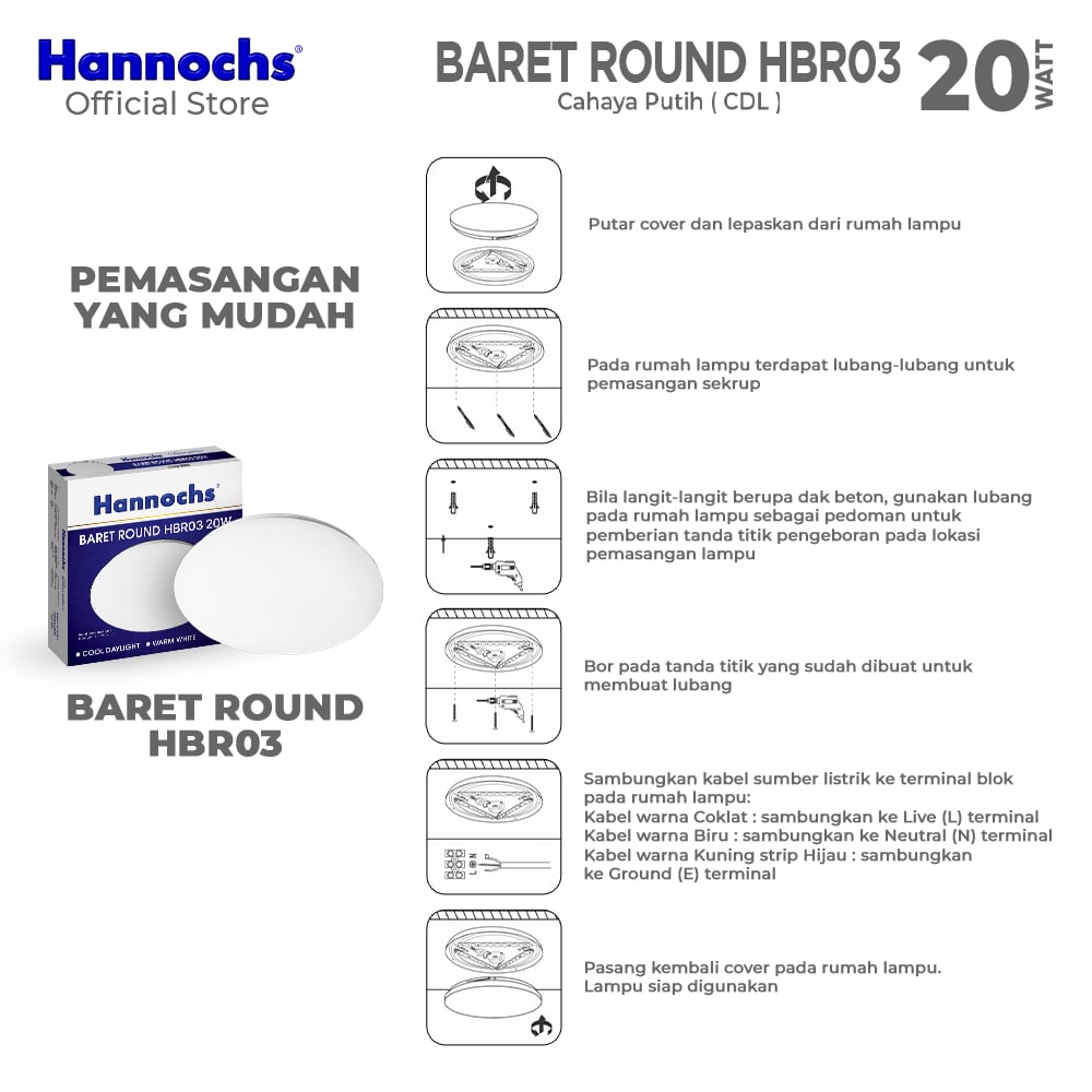 Hannochs Lampu Downlight LED Baret Round HBR03 20W Cahaya Putih