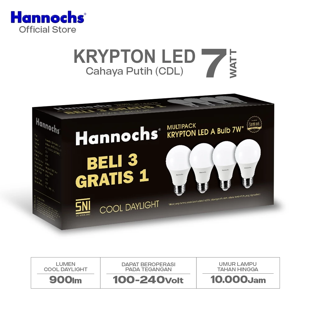 Hannochs Lampu Bohlam LED Krypton Multipack 7W Cahaya Putih (Beli 3 Gratis 1)