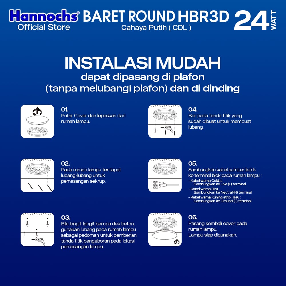 Hannochs Lampu Downlight LED Baret Round HBR3D Mutiara 24W Cahaya Putih