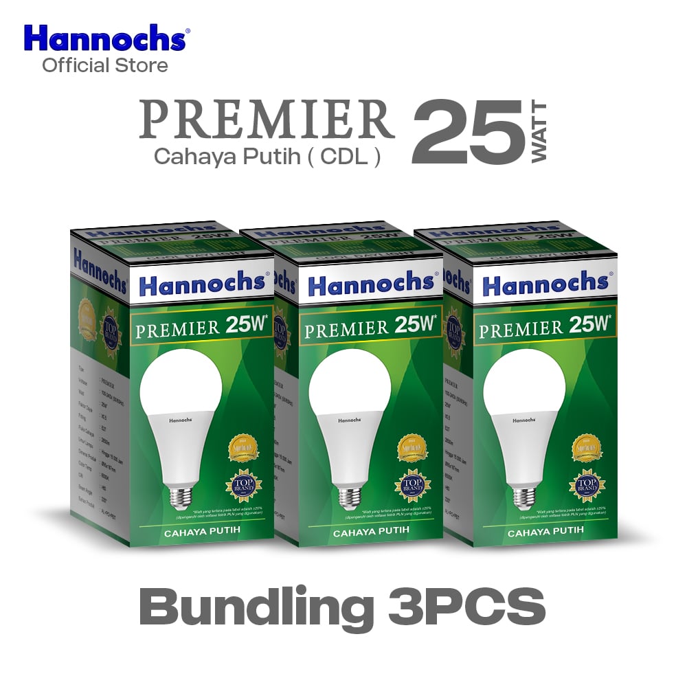 Hannochs Lampu Bohlam LED Premier 25W Cahaya Putih isi 3pcs