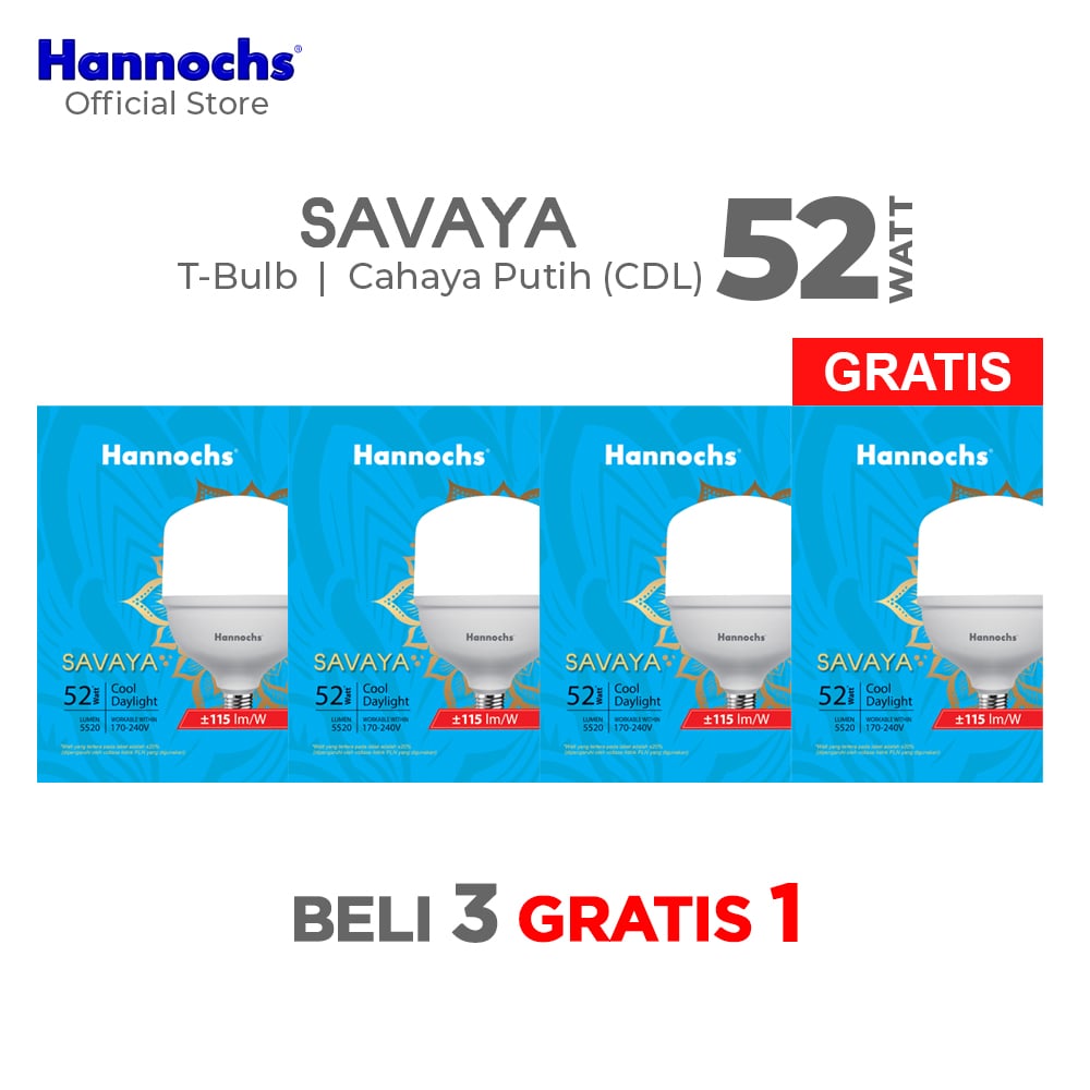 Hannochs Lampu Bohlam LED Savaya T Bulb 52W Cahaya Putih Beli 3 Gratis 1
