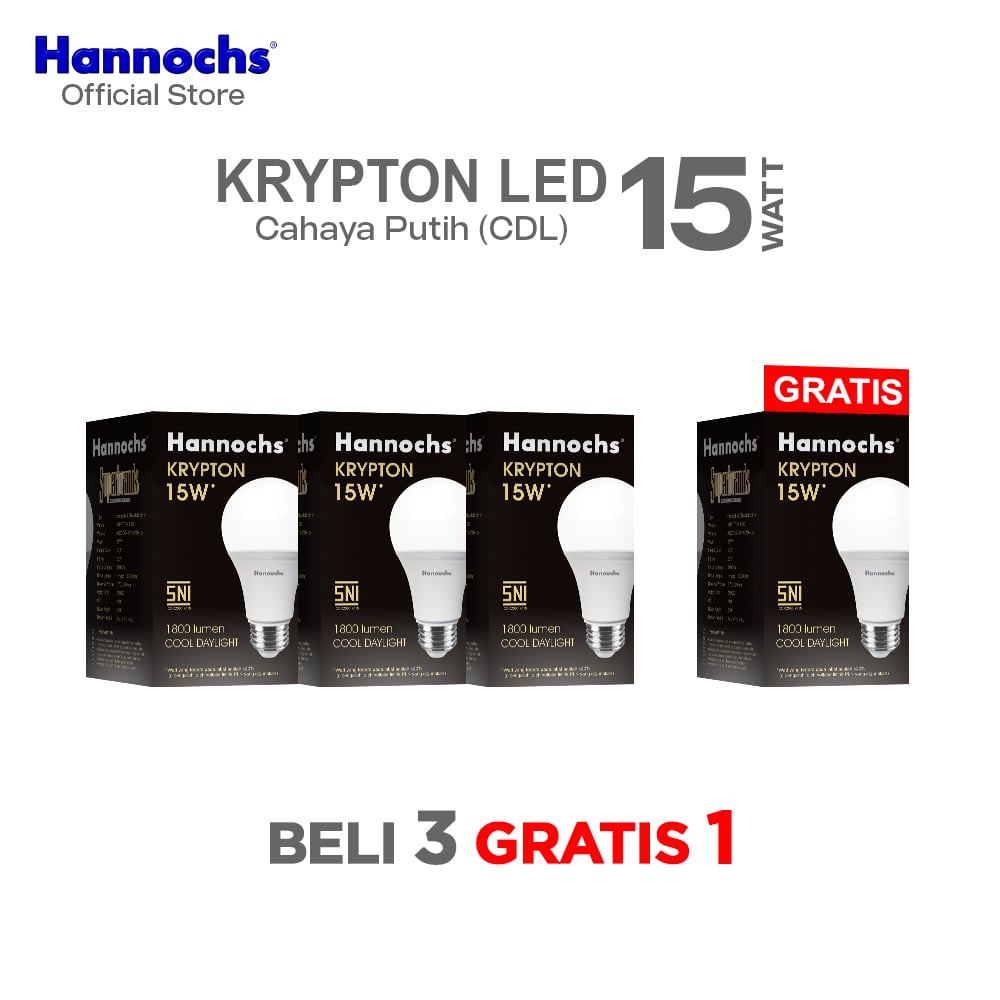 Hannochs Lampu Bohlam LED Krypton A Bulb 15W Cahaya Putih (Paket 4Pcs)