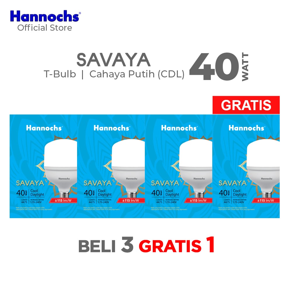 Hannochs Lampu Bohlam LED Savaya T Bulb 40W Cahaya Putih Beli 3 Gratis 1