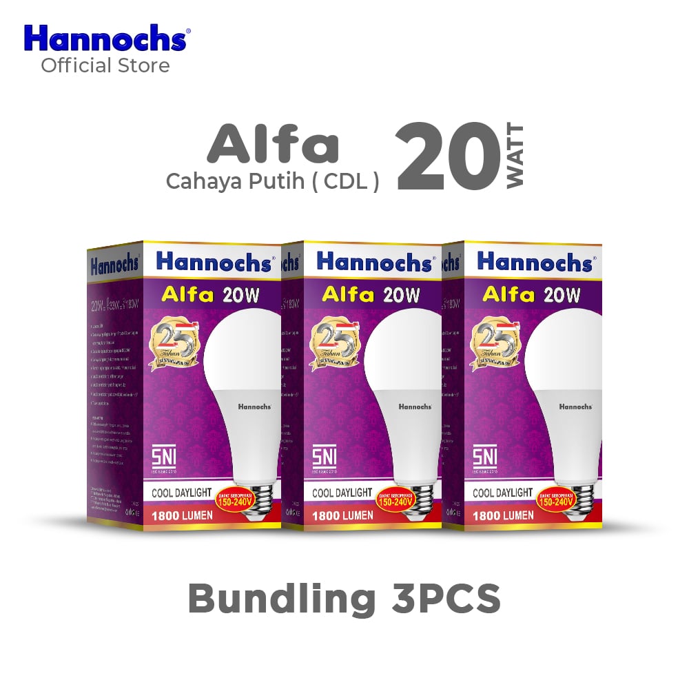 Hannochs Lampu Bohlam LED Alfa 20W Cahaya Putih isi 3pcs