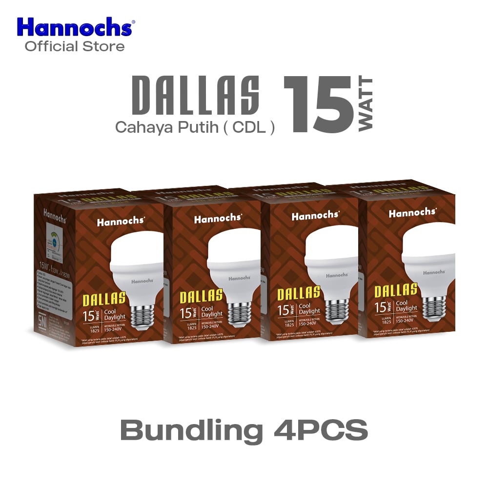 Hannochs Lampu Bohlam LED Dallas 15W Cahaya Putih Paket Isi 4pcs