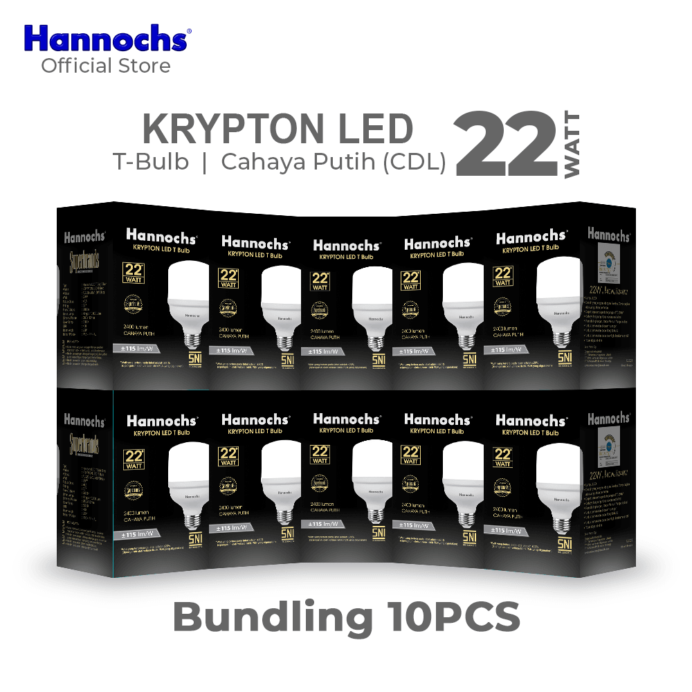 Hannochs Lampu Bohlam LED Krypton T Bulb 22W Cahaya Putih Isi 10pcs