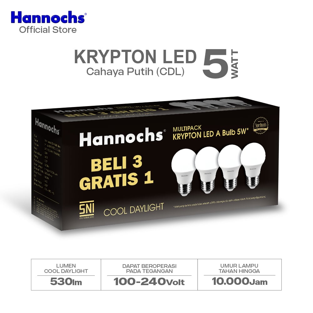 Hannochs Lampu Bohlam LED Krypton Multipack 5W Cahaya Putih (Beli 3 Gratis 1)