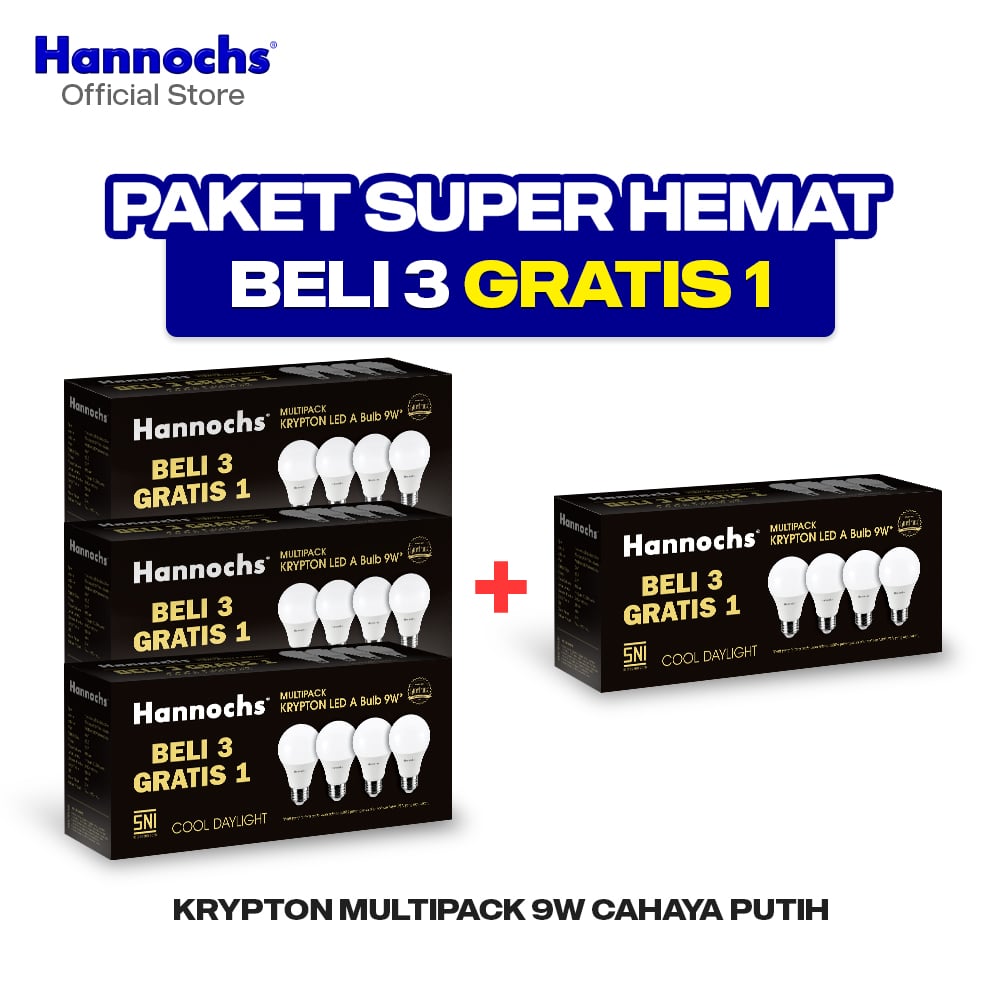 Hannochs Lampu Bohlam LED Krypton Multipack 9W Cahaya Putih (Beli 3 Gratis 1) x 4 pack