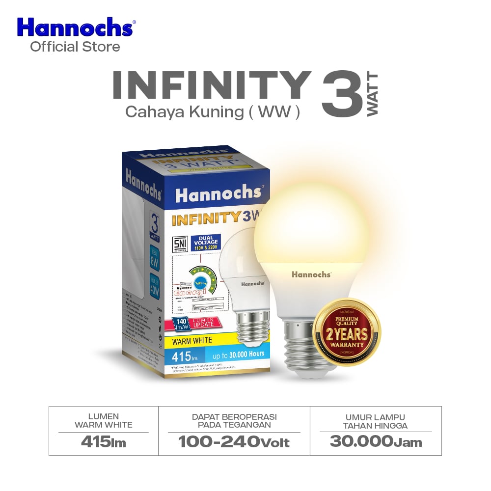 Hannochs Lampu Bohlam LED Infinity 3W Cahaya Kuning - Garansi 2 Tahun