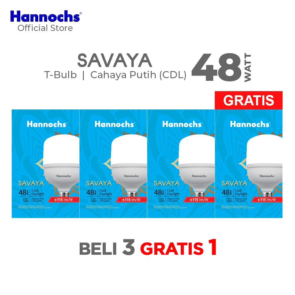 Hannochs Lampu Bohlam LED Savaya T Bulb 48W Cahaya Putih Beli 3 Gratis 1