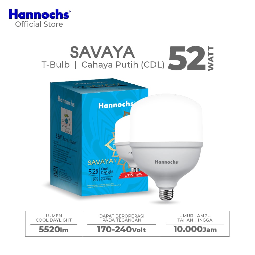 Hannochs Lampu Bohlam LED Savaya T Bulb 52W Cahaya Putih