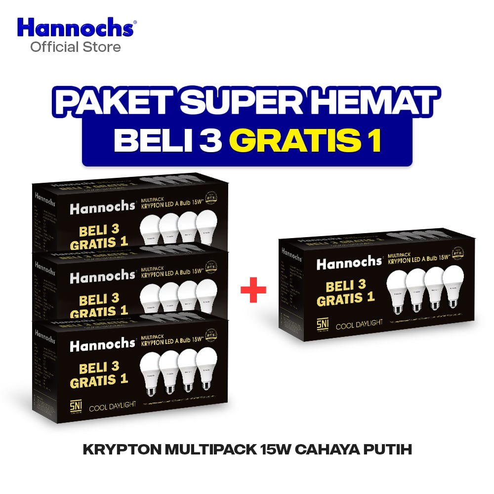 Hannochs Lampu Bohlam LED Krypton Multipack A Bulb 15W Cahaya Putih (Beli 3 Gratis 1) x 4 pack
