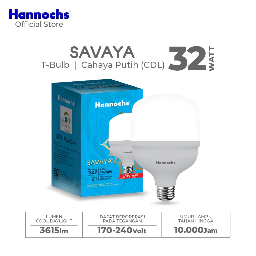 Hannochs Lampu Bohlam LED Savaya T Bulb 32W Cahaya Putih