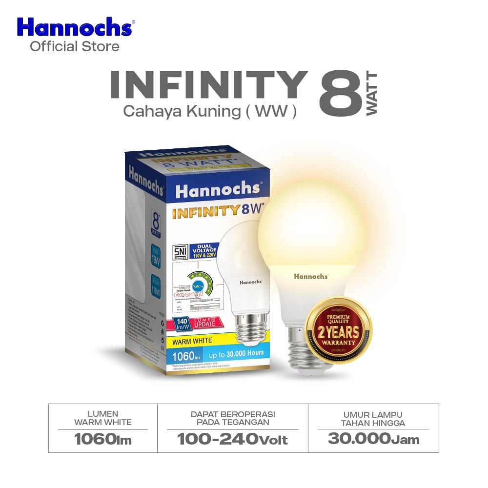 Hannochs Lampu Bohlam LED Infinity 8W Cahaya Kuning - Garansi 2 Tahun