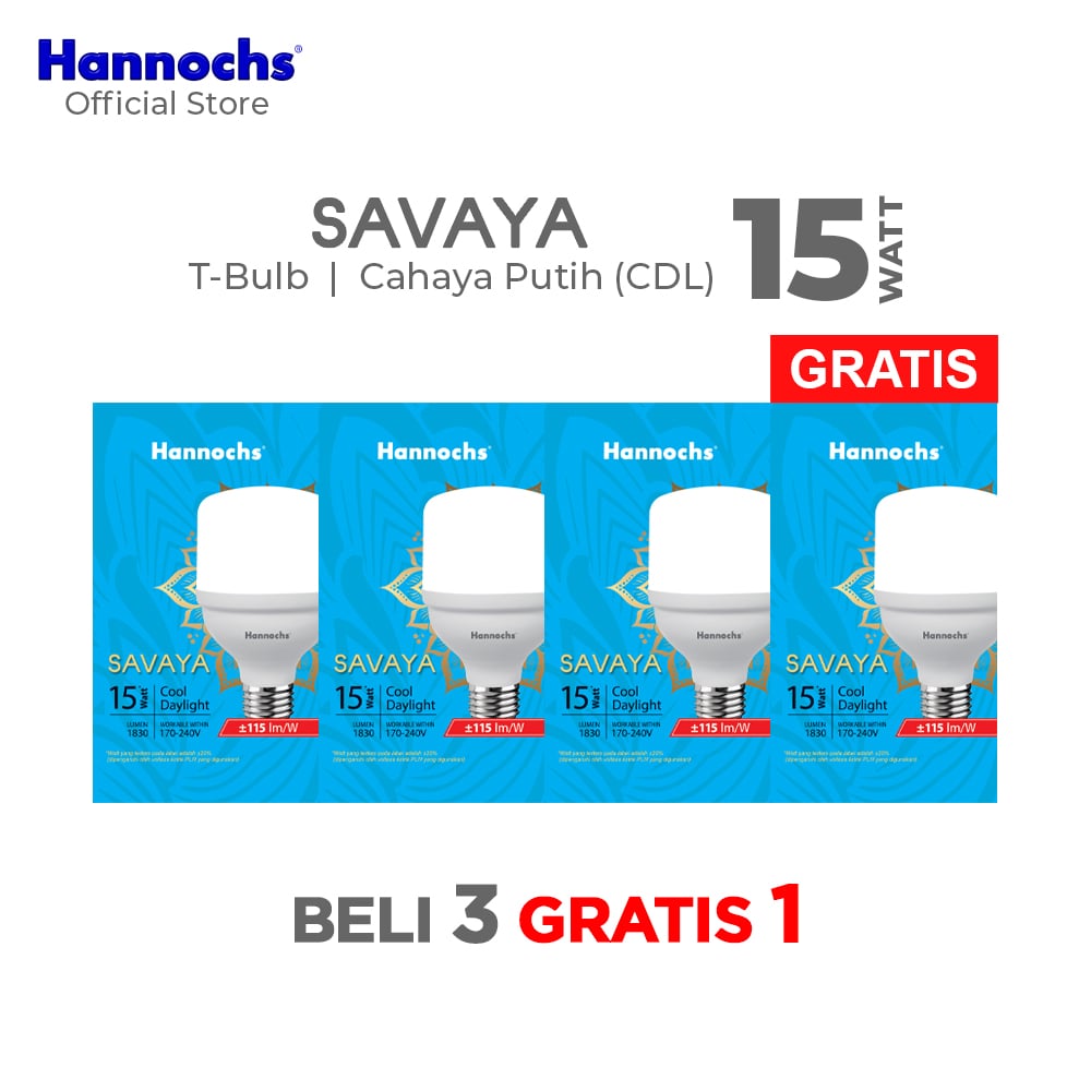 Hannochs Lampu Bohlam LED Savaya T Bulb 15W Cahaya Putih Beli 3 Gratis 1