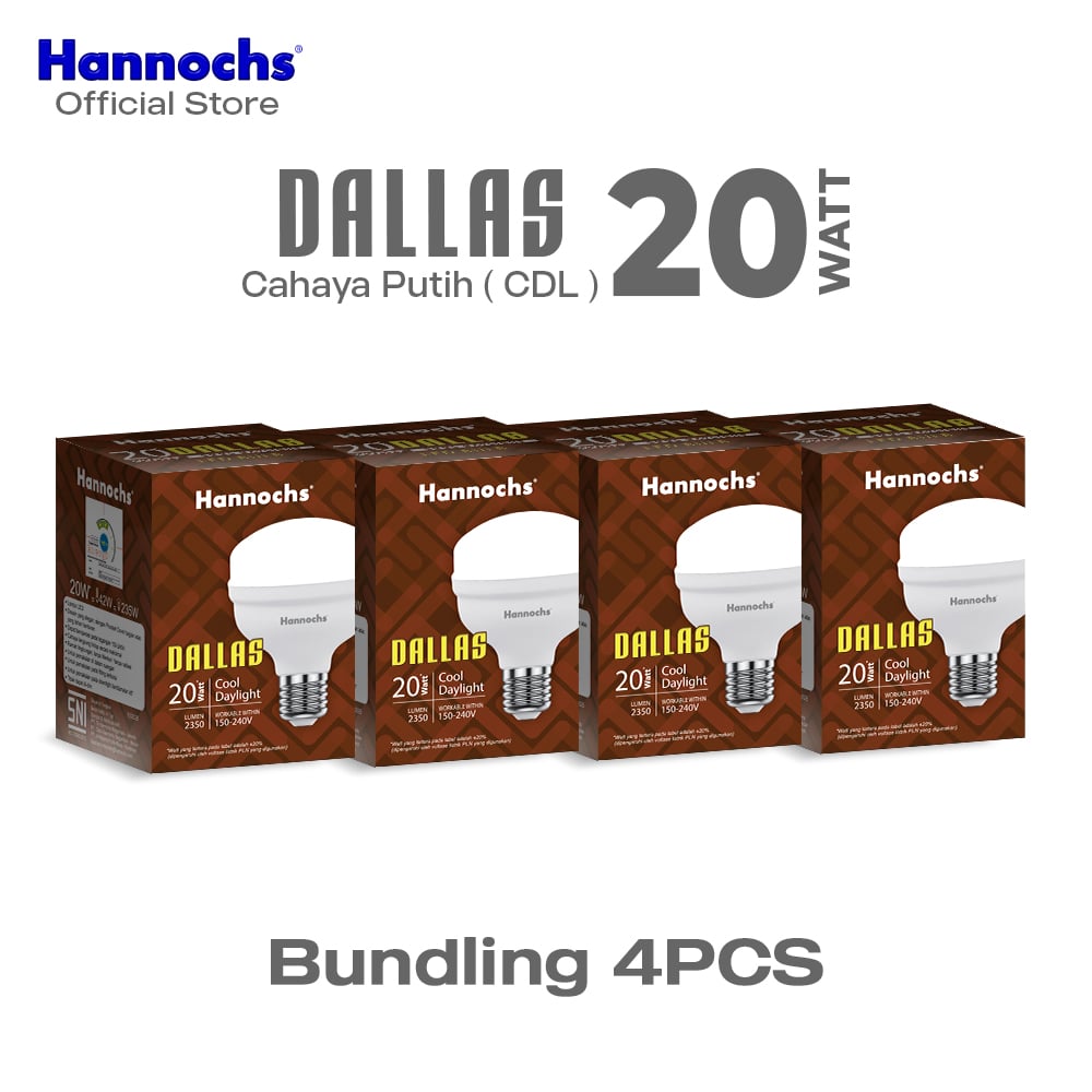 Hannochs Lampu Bohlam LED Dallas 20W Cahaya Putih Paket Isi 4pcs