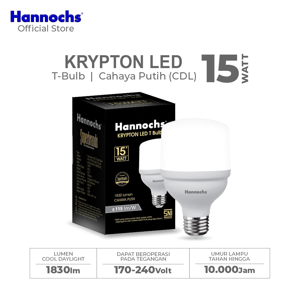 Hannochs Lampu Bohlam LED Krypton T Bulb 15W Cahaya Putih