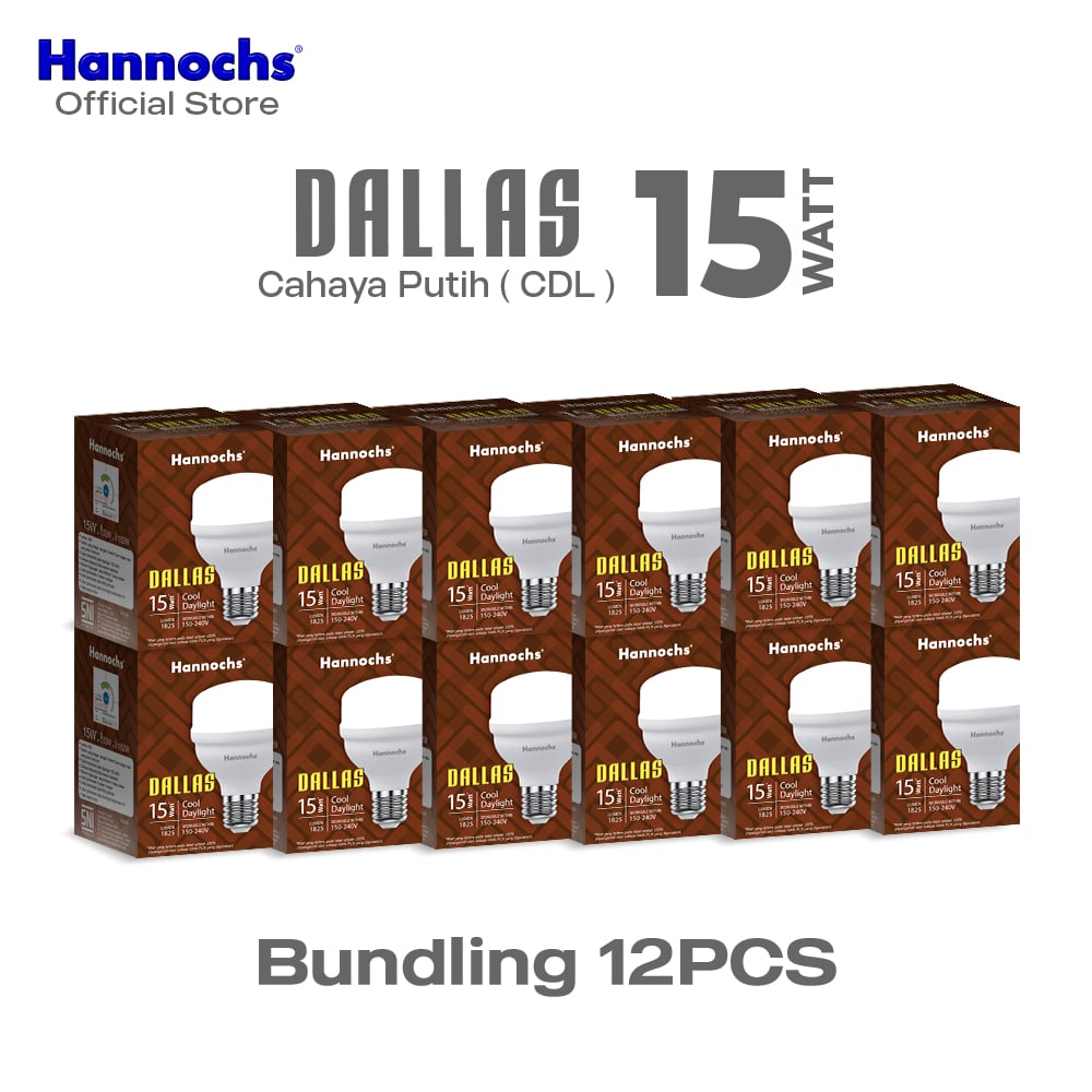 Hannochs Lampu Bohlam LED Dallas 15W Cahaya Putih Paket Isi 12pcs