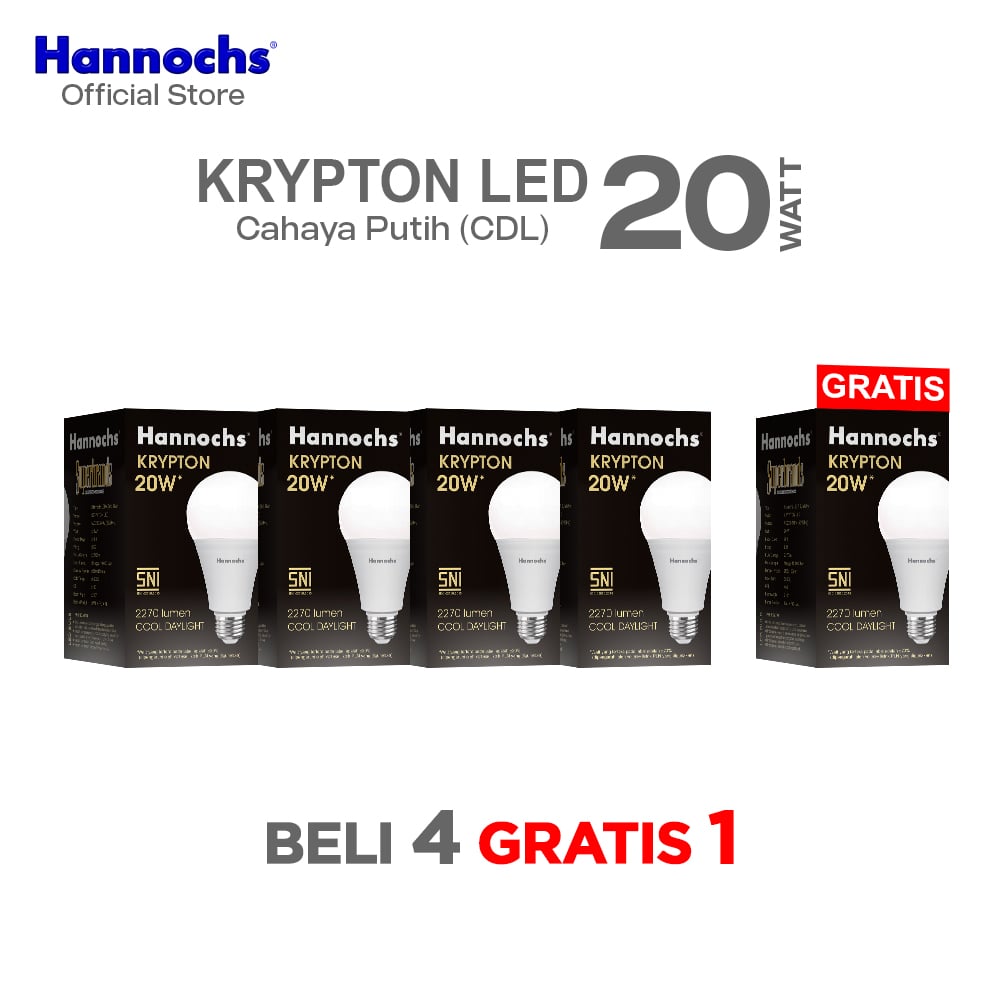 Hannochs Lampu Bohlam LED Krypton 20W Cahaya Putih Beli 4 Gratis 1