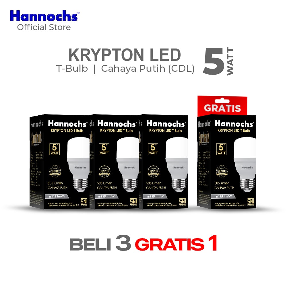 Hannochs Lampu Bohlam LED Krypton T Bulb 5W Cahaya Putih Beli 3 Gratis 1