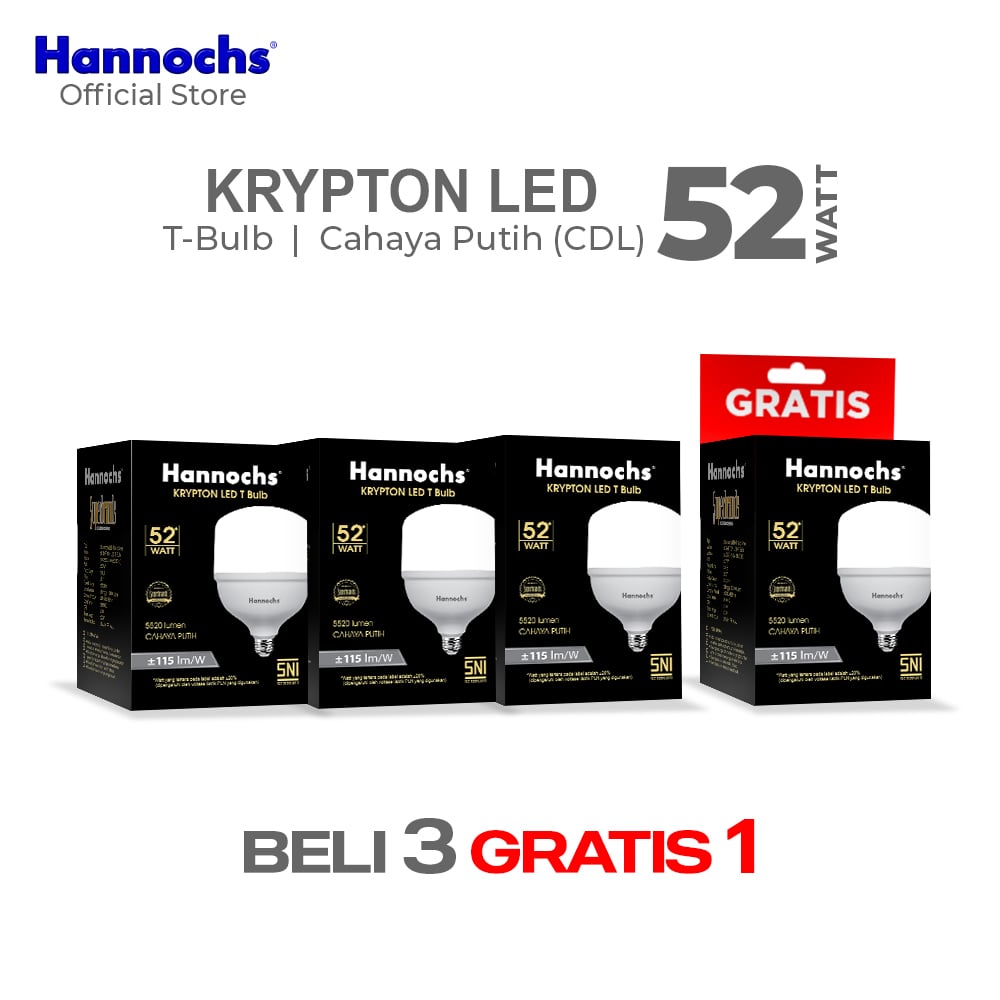 Hannochs Lampu Bohlam LED Krypton T Bulb 52W Cahaya Putih Beli 3 Gratis 1