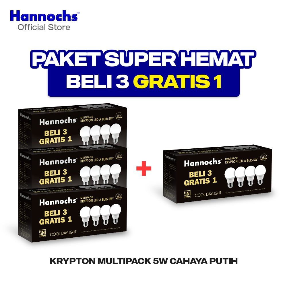 Hannochs Lampu Bohlam LED Krypton Multipack 5W Cahaya Putih (Beli 3 Gratis 1) X 4 Pack