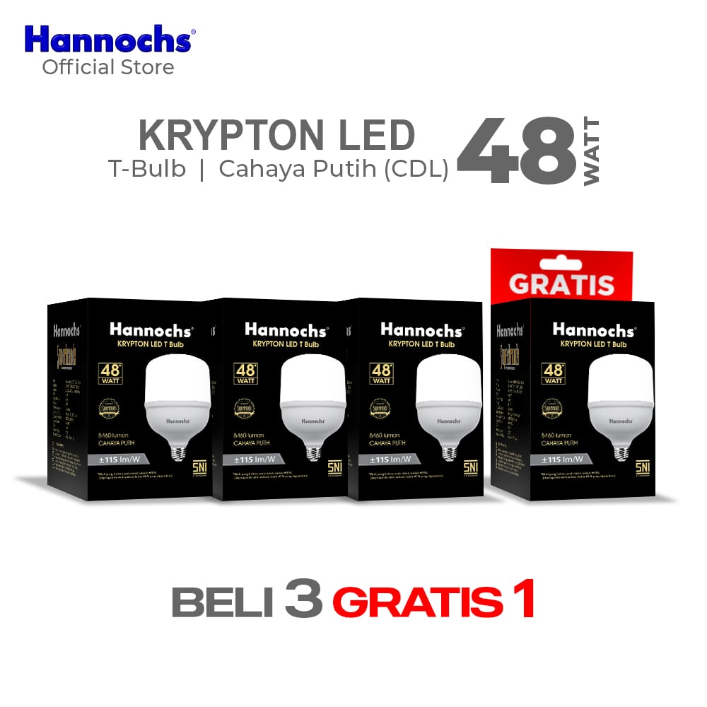 Hannochs Lampu Bohlam LED Krypton T Bulb 48W Cahaya Putih Beli 3 Gratis 1