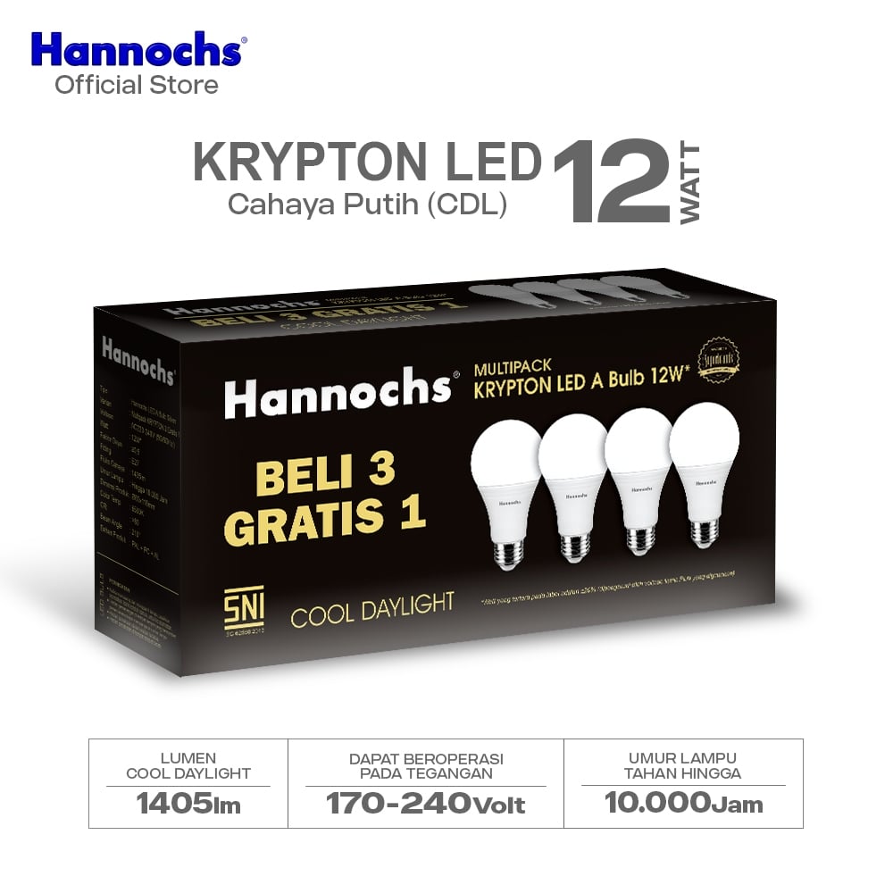 Hannochs Lampu Bohlam LED Krypton Multipack 12W Cahaya Putih (Beli 3 Gratis 1)