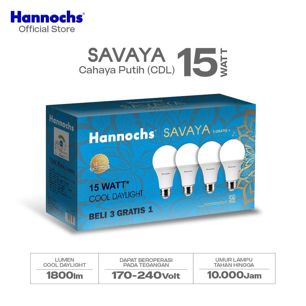 Hannochs Lampu Bohlam LED SAVAYA Multipack 15W Cahaya Putih (Beli 3 Gratis 1)