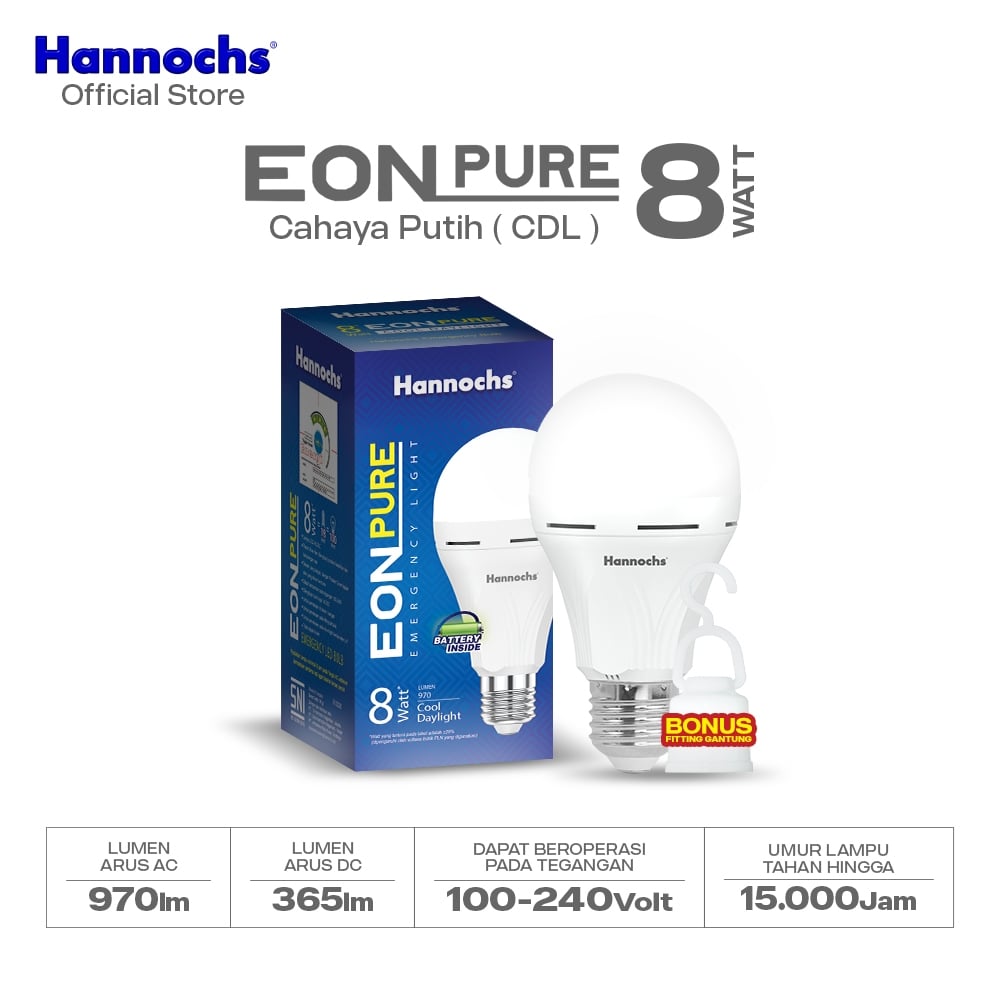 Hannochs Lampu Emergency Bohlam LED EON Pure 8W Cahaya Putih